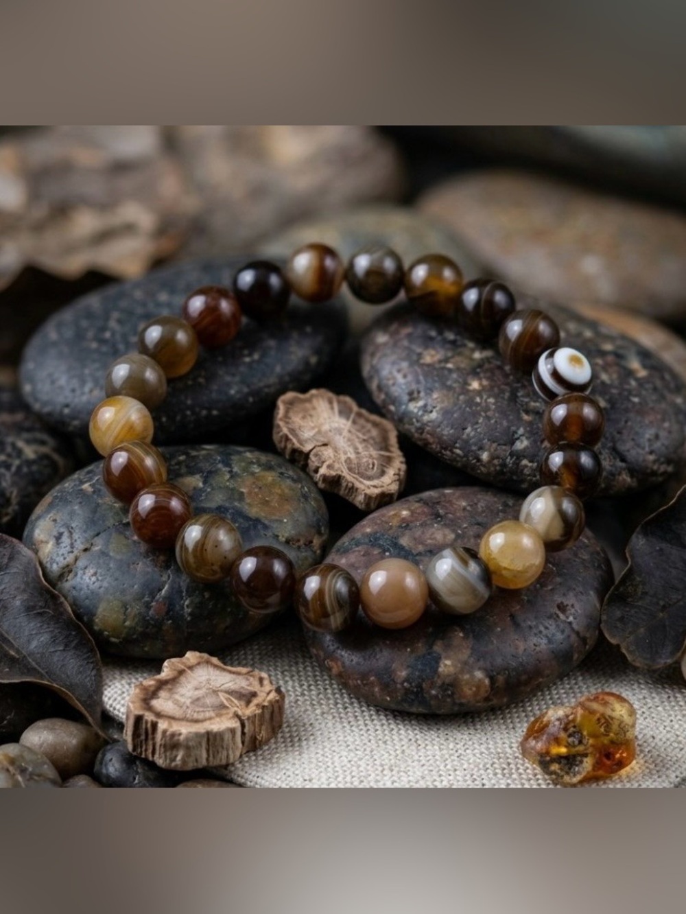 Natural Stone Banded Earthtone Agate Beaded Bracelet for Men/Women - Brown & Tan